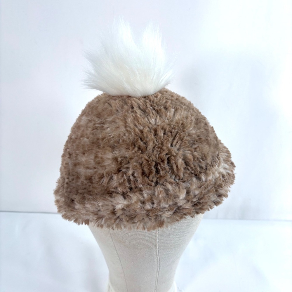New Soft Surroundings Faux Fur Pompom Beanie Brown White 1CN57 Cozy